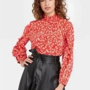 Who What Wear Red Floral Smocked-Neck Long Sleeve Blouse Bardot